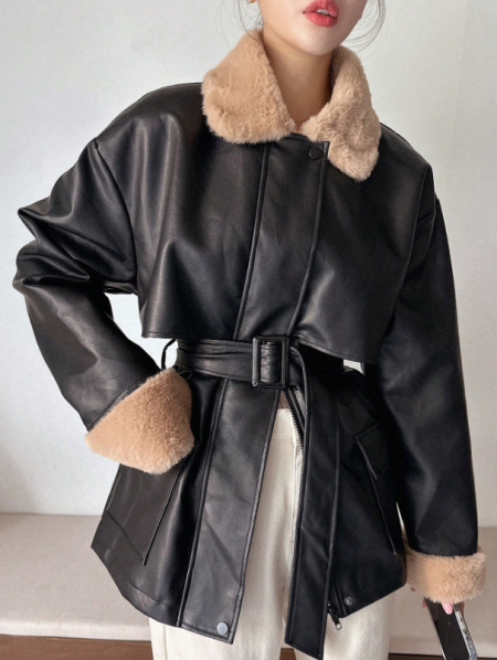 معطف سميك من جلد البولي يوريثان مع حزام، طقم من الفرو الاصطناعي